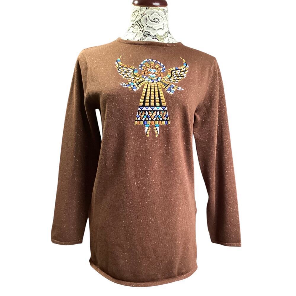Bob Mackie Wearable Art‎ sweater embroidered angel design metallic brown XS